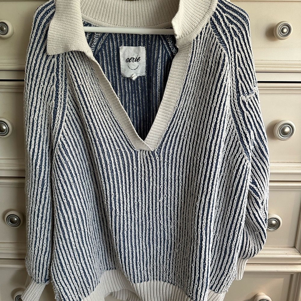 Aerie Blue and White Striped Women's Oversized Sweater